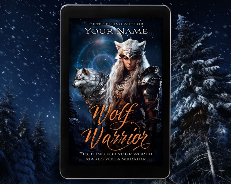 premade ebook cover featuring a woman wearing wolf armour, and a wolf wearing armour in front of a magical full moon